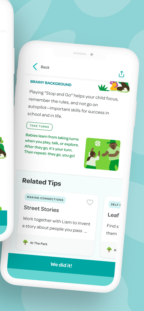 Vroom: Early Learning - Mobile app interface showing science-backed early learning activities and brain development tips.