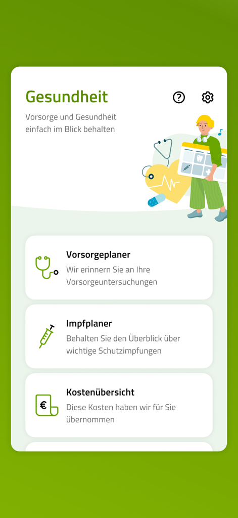 BARMER App Gesundheits-Dashboard mit Planern für ärztliche Vorsorgeuntersuchungen und Impfungen sowie einer Kostenübersicht
