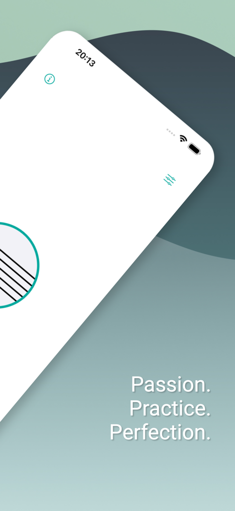 Random music notes generator - Random music notes generator app screen with the text Passion Practice Perfection