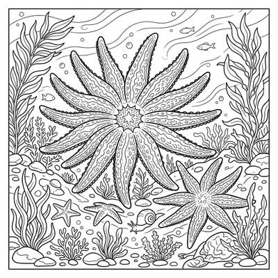 Discover the majestic Sunflower Sea Star, one of the largest and most unique starfish species, in this detailed coloring template. Immerse yourself in an enchanting underwater scene filled with vibrant marine life ready for your creative touch.