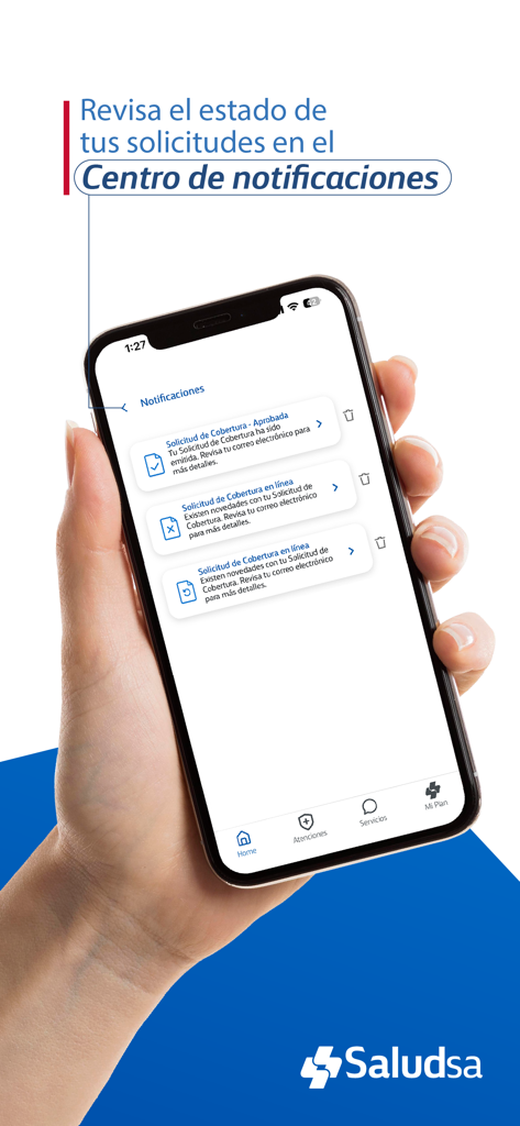 Iphone screen displaying the notification center of the Saludsa health app with insurance request updates