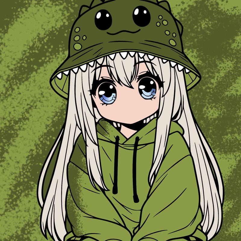 girl with anime shaped eyes with a dinosaur bucket hat oversized sweatshirt long straight hair