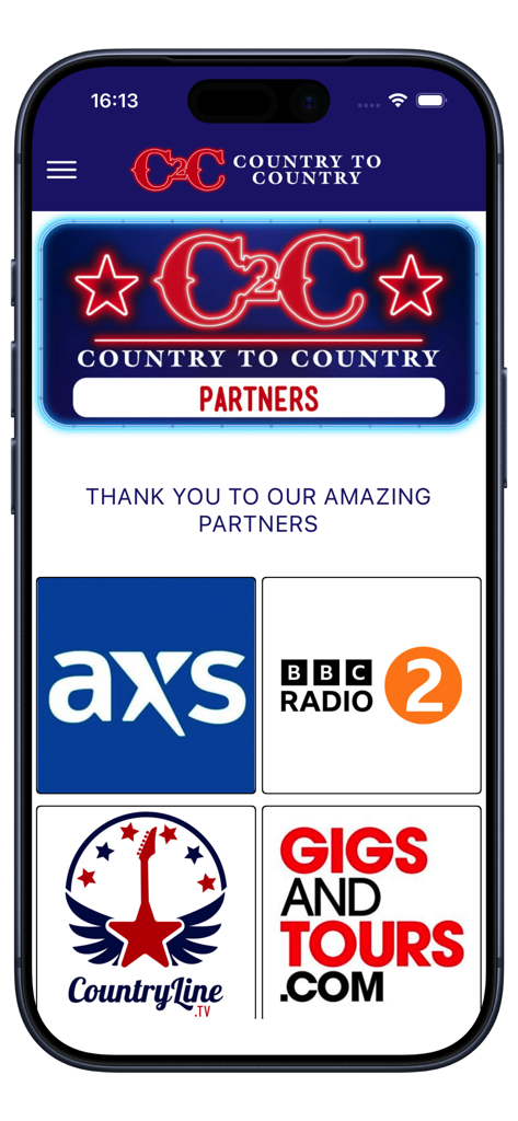 Página de parceiros do aplicativo C2C Country to Country festival mostrando patrocinadores oficiais, incluindo AXS e BBC Radio 2