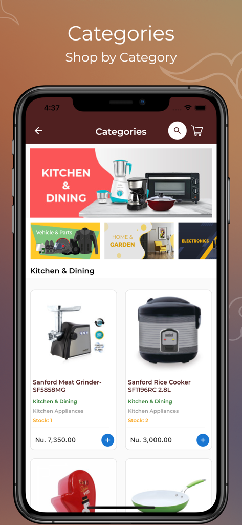 Mobile app interface of zala.bt showing shopping categories and kitchen appliances like a meat grinder and rice cooker with prices in Ngultrum