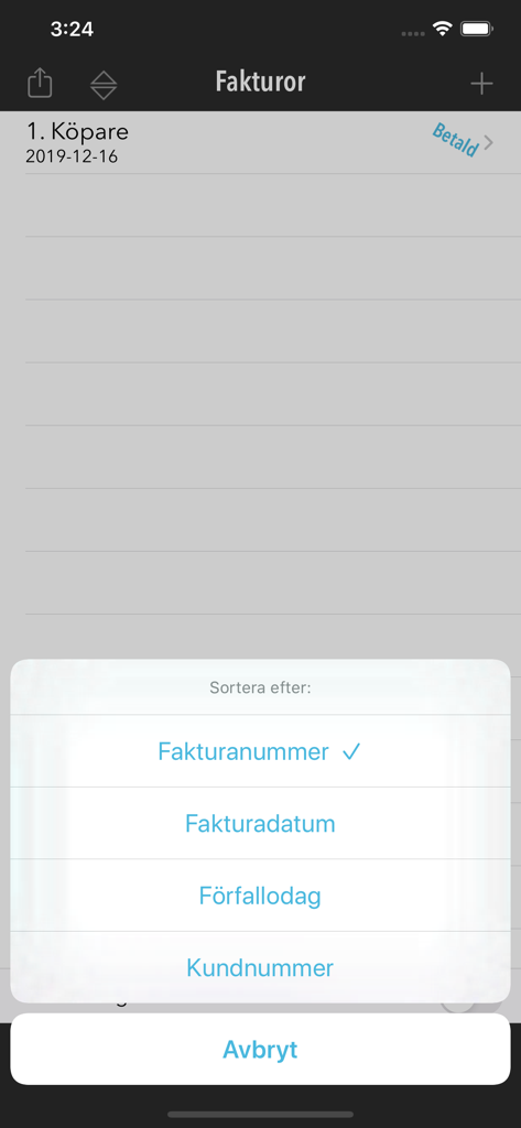 FakturaMallen - 송장 번호, 날짜 및 고객별 정렬 옵션이 있는 송장 목록을 보여주는 송장 발행 앱 인터페이스