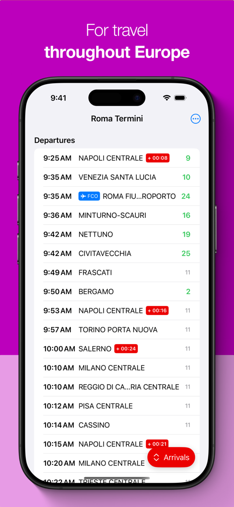 Liste der Zugabfahrten vom Roma Termini in der BH-App