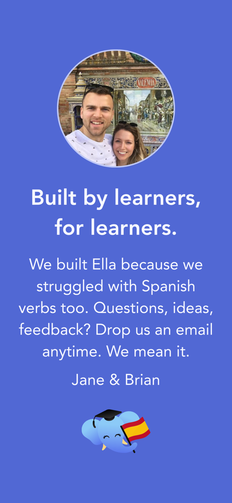 Ella Verbs: Learn Spanish - Foto de los fundadores Jane y Brian con el mensaje "Construido por estudiantes para estudiantes"