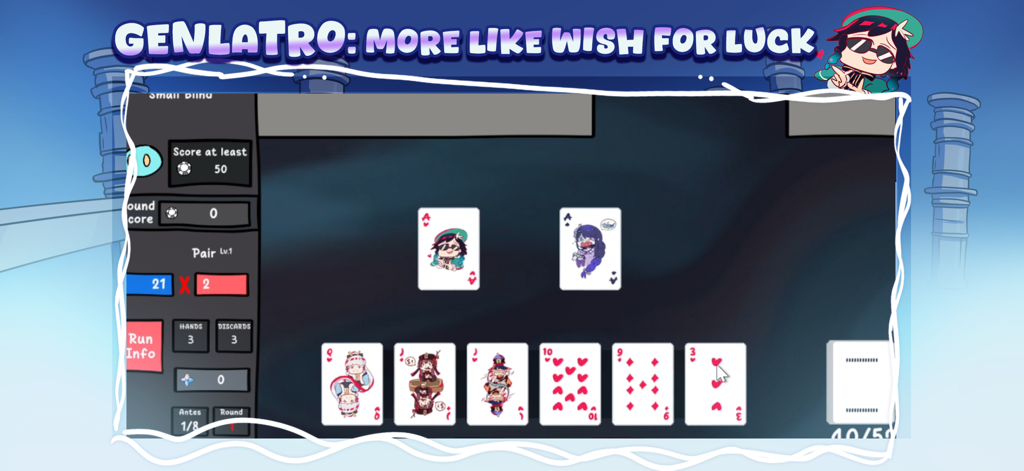 Wacky Wisher: Silly Genshin - Minijuego Genlatro en Wacky Wisher con cartas de personajes de Genshin Impact tontas