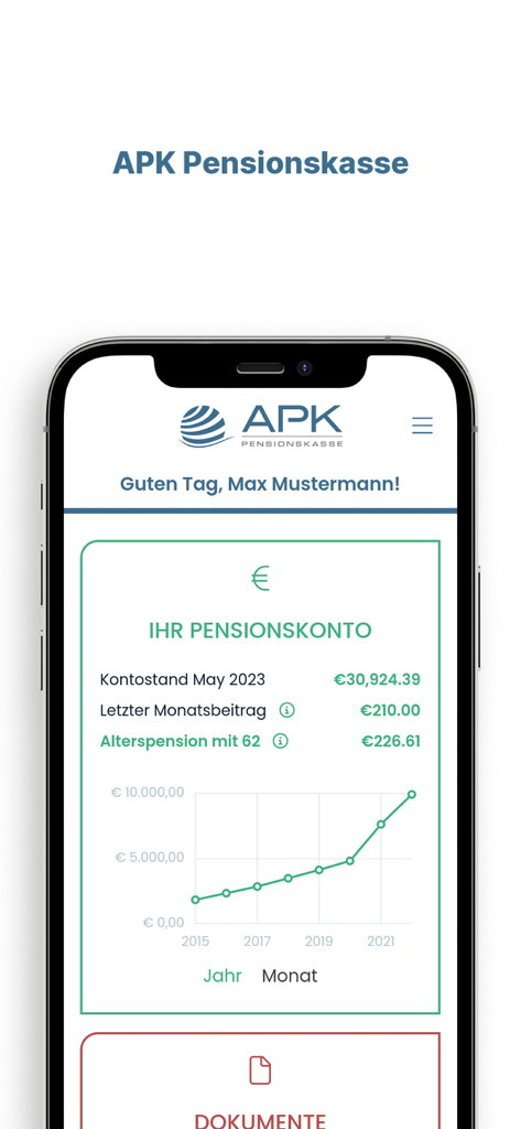 APK Pensionskasse - La aplicación móvil APK Pensionskasse muestra el saldo de la cuenta de pensión y un gráfico de crecimiento histórico