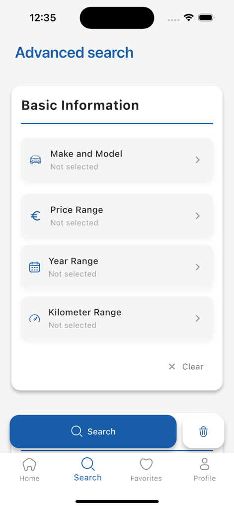 autopoint.mk - Advanced search screen in the Autopoint app with filters for vehicle make model price and year.