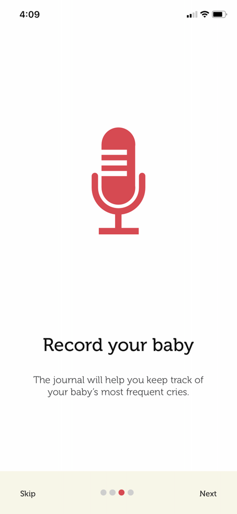 Dunstan Baby - Onboarding screen of the Dunstan Baby app explaining the feature to record and track baby cries.
