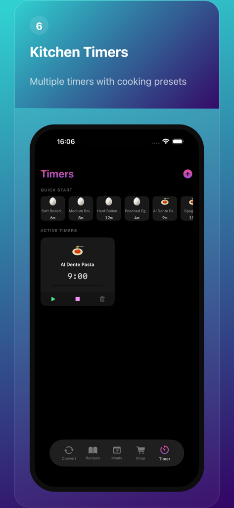 Interfaz de temporizador de cocina con ajustes preestablecidos de inicio rápido para hervir huevos y pasta.