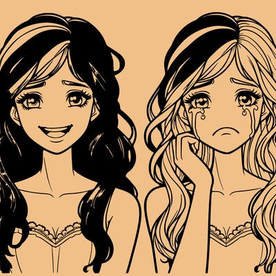 two beautiful girls, one smiling, one crying realistic