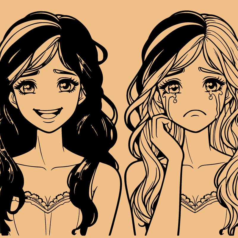 two beautiful girls, one smiling, one crying realistic