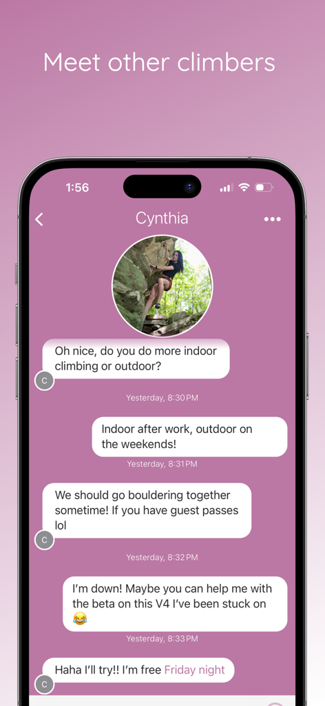 Boulder: Date a Climber - A chat interface in the Boulder dating app showing two users discussing climbing plans and indoor vs outdoor bouldering