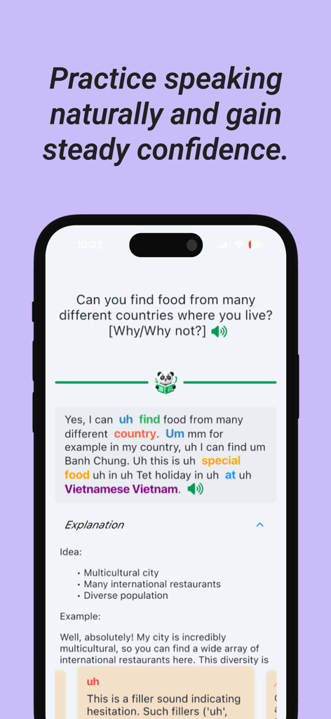 The Eng - English Practice - Uma captura de tela do aplicativo The Eng mostrando uma sessão de prática de fala com IA com feedback e explicações em tempo real.