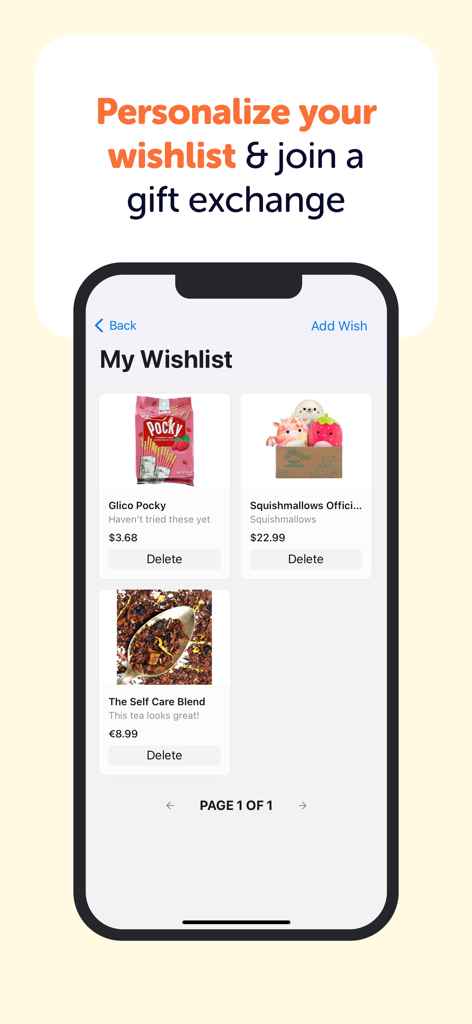 Mobile app screen showing a user's personalized wishlist in the Throne Exchange app with curated gift items and prices.