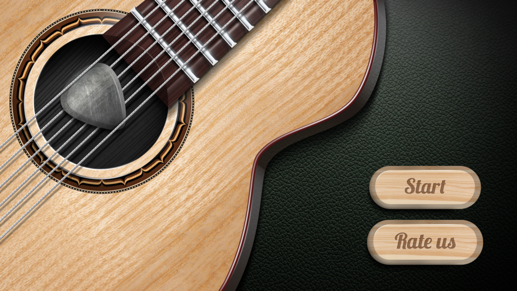 Real Guitar - Electronic Guitar - Main menu of the Real Guitar app with an acoustic guitar image and start button