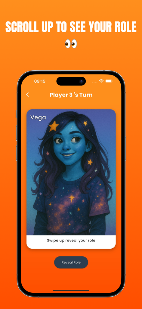 Role reveal screen in the Imposter Game by FlipParty app showing a player turn and character card