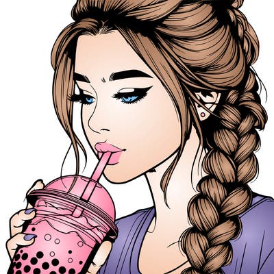 realistic girl drinking boba tea with braided hair