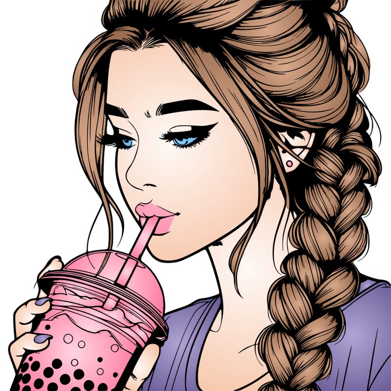 realistic girl drinking boba tea with braided hair