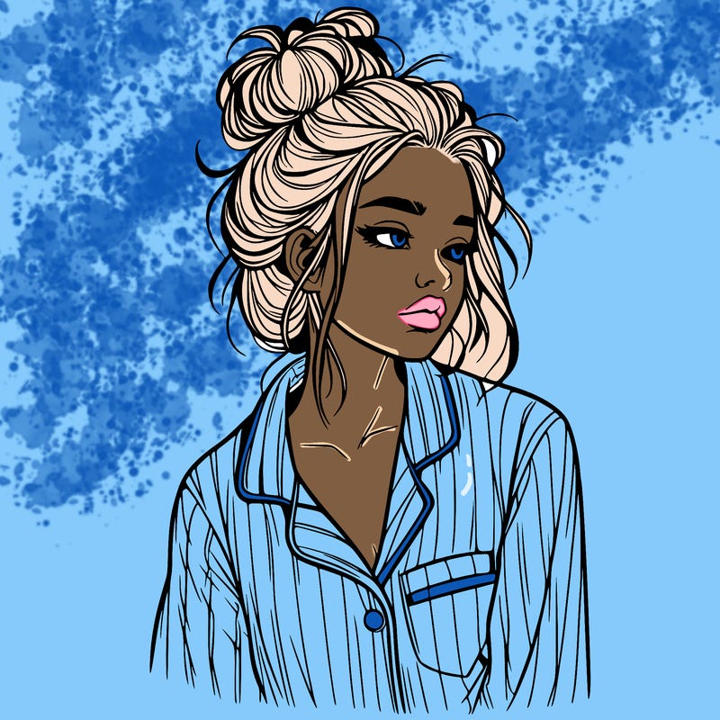 realistic woman with pajamas on and a messy bun