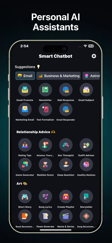 Smart Chatbot & AI Assistant - Smart Chatbot app screen displaying various AI assistant tools for email relationship advice and art