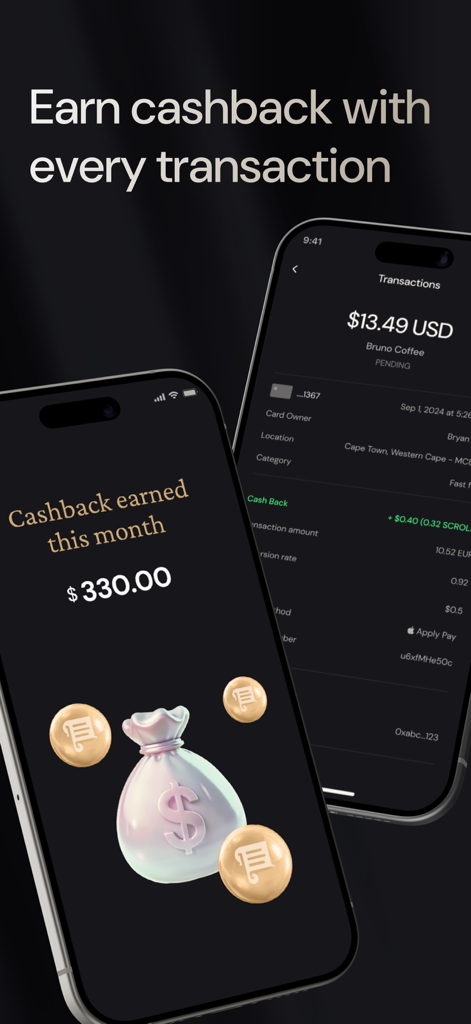 ether.fi - Zwei iPhone-Bildschirme aus der ether.fi-App, die monatliche Cashback-Gesamtbeträge und Details zu einzelnen Transaktionsprämien für einen Kaffee-Einkauf zeigen.