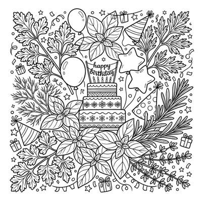 Dive into a unique celebration with this delightful coloring page featuring an intricate blend of fresh herbs and festive birthday decorations. It's the perfect way to combine your love for nature and party spirit into one creative activity.