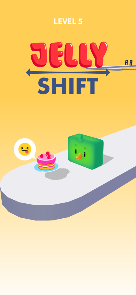 Jelly Shift - Obstacle Course - 緑色のゼリーキャラクターが、モバイルゲームJelly Shiftでイチゴのケーキに近づいている様子