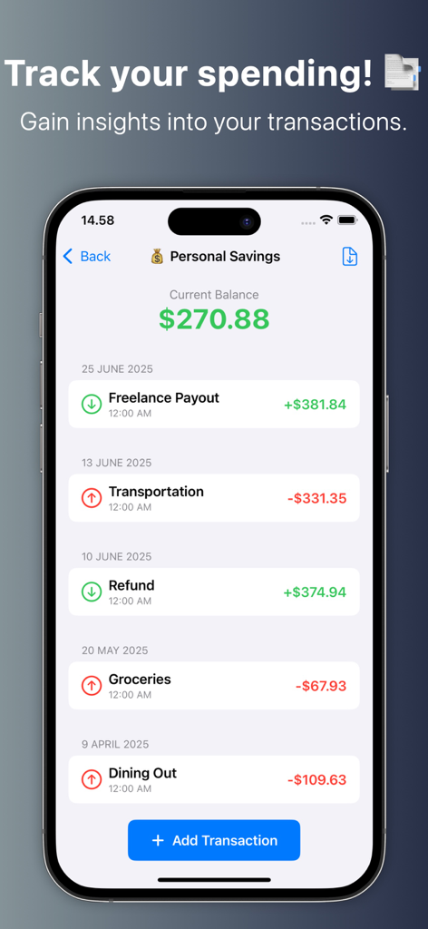 Easy Cashbook : Simple Budget - Personal savings screen in Easy Cashbook app showing current balance and transaction history