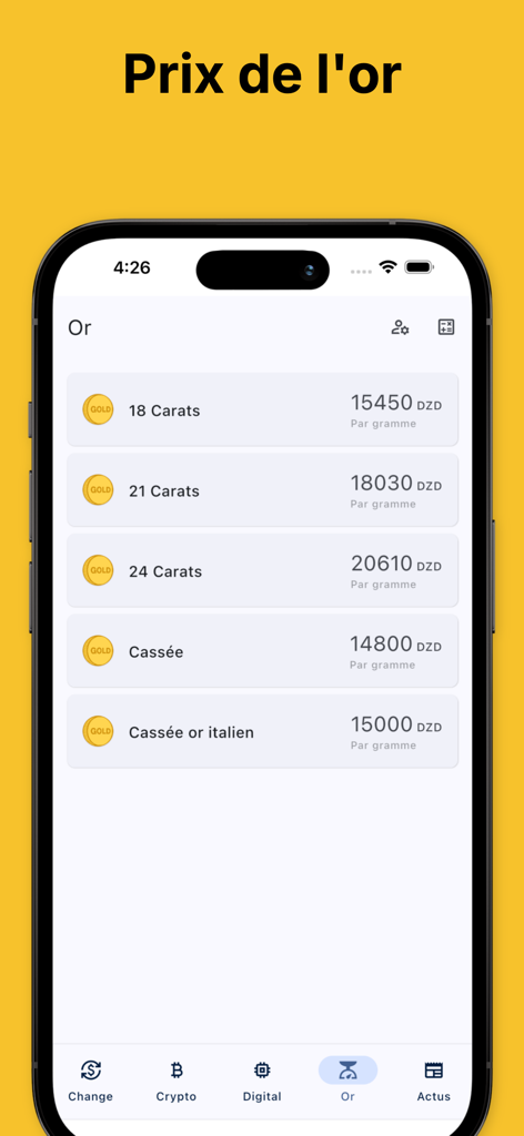 Real-time gold prices in Algerian Dinar for 18, 21, and 24 carats on the Square Algeria app interface.