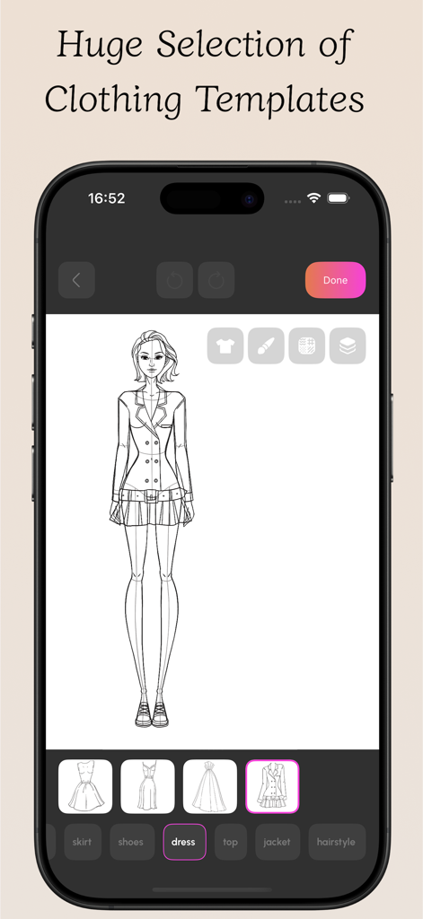 Fashion Sketch Clothing Design - Digital fashion sketch interface with a model croquis and clothing template selection