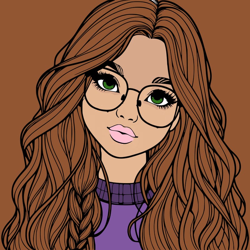 girl with long hair and freckles and glasses realistic