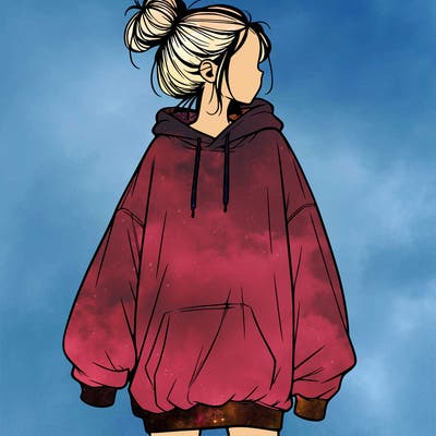 realistic girl with a oversized sweatshirt on and a bun