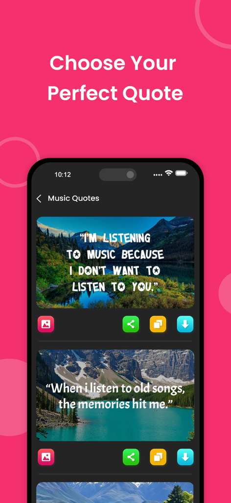 TopFollow - Tags - TopFollow app interface displaying a collection of music quotes with scenic backgrounds
