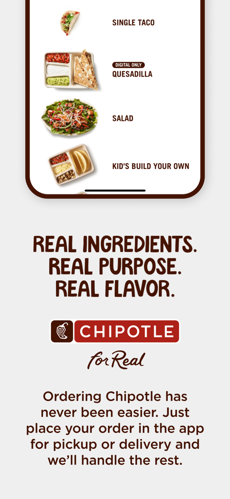 Chipotle Middle East - Chipotle Middle East mobile app interface displaying menu categories and ordering information