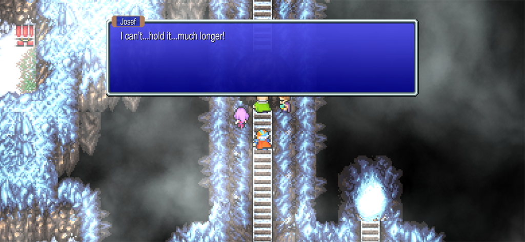 Una escena de arte de píxeles retro de Final Fantasy II que muestra a Josef en una escalera en una cueva helada con un cuadro de diálogo