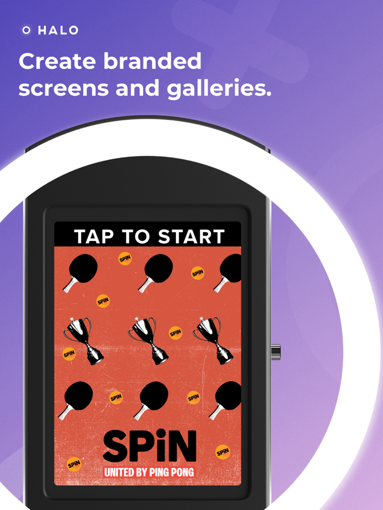 Simple Booth HALO photo booth app on iPad featuring a custom branded start screen