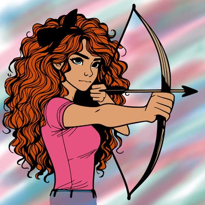 a woman with curly and messy hair using a bow to shoot arrow realistic