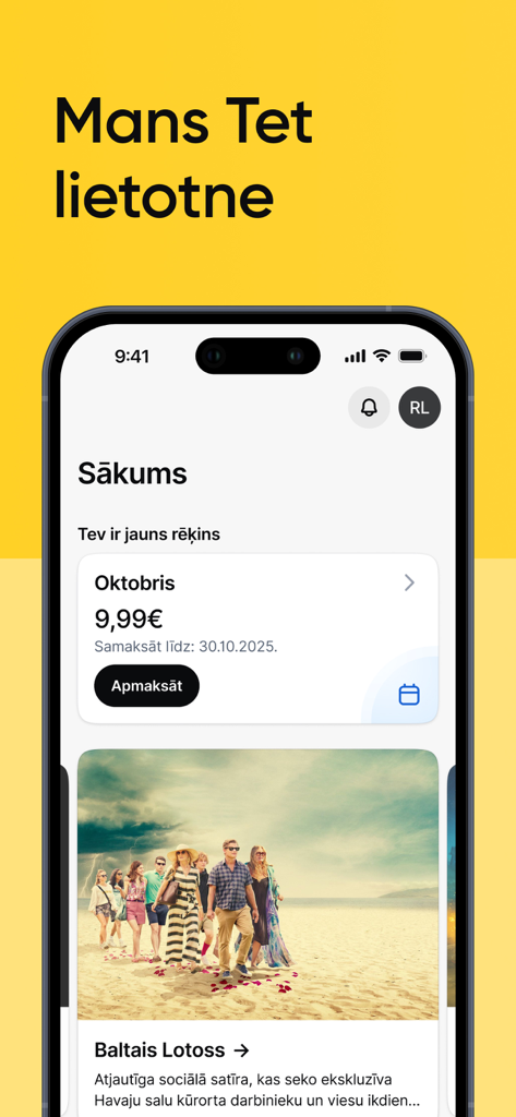 Écran d'accueil de l'application mobile Mans Tet affichant une notification de facture mensuelle et des recommandations de divertissement