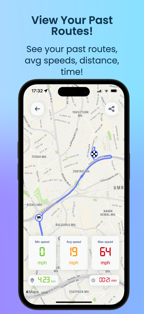 Odometer Miles Log Miter Track - Speedometer app showing past routes on a map with average speed and distance statistics