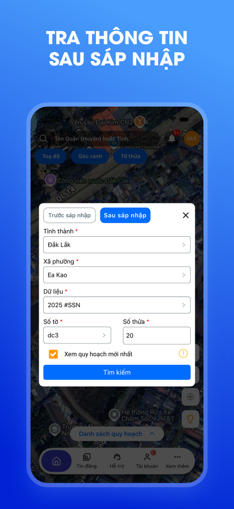 Mobile app interface for searching Vietnamese land planning and cadastral information after administrative mergers.
