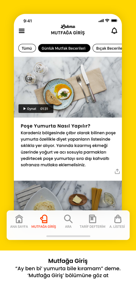 Mobile screen of Lokma app featuring a poached egg cooking tutorial in the Kitchen 101 section