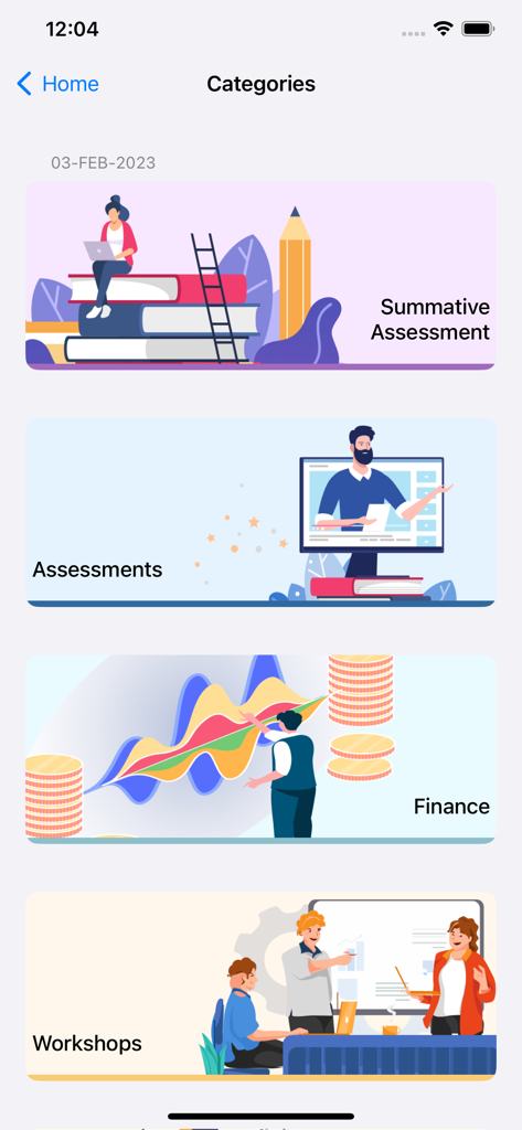 MANCOSA Student Comms - MANCOSA Student Comms app categories screen displaying summative assessment assessments finance and workshops