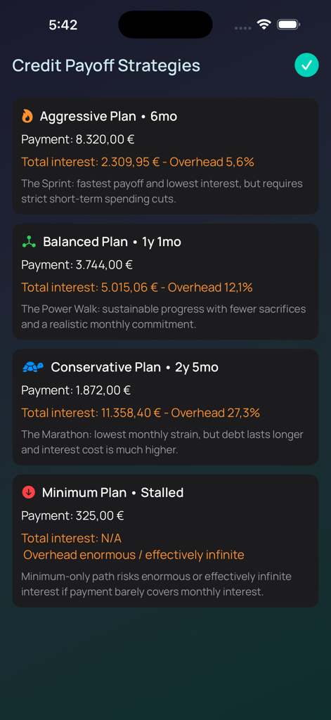 A comparison screen of different credit card payoff plans including aggressive balanced and conservative strategies with total interest and duration estimates