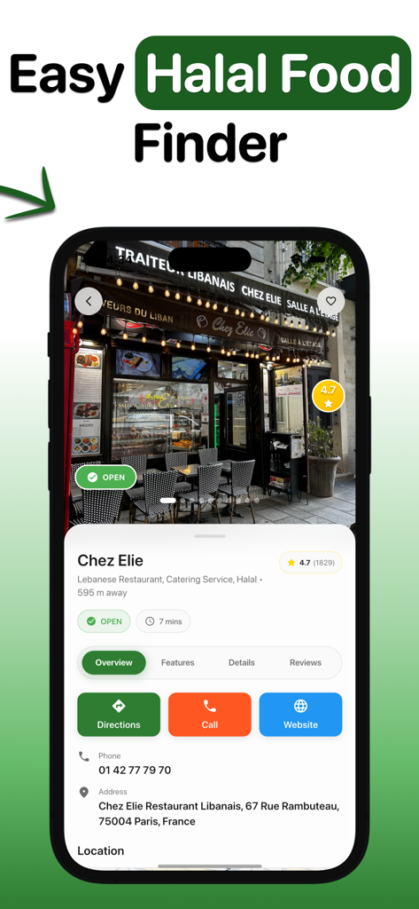 Halal Scanner & حلال Food Scan - Halal Food Finder mobile app interface showing a restaurant search result for a Lebanese eatery