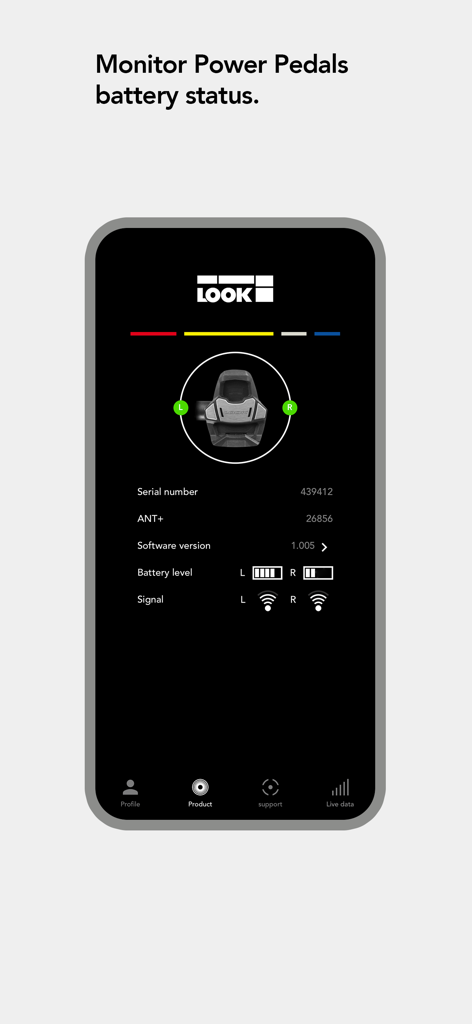 Pantalla de la aplicación LOOK CYCLE que muestra los niveles de batería y las especificaciones técnicas de los pedales de potenciómetro.