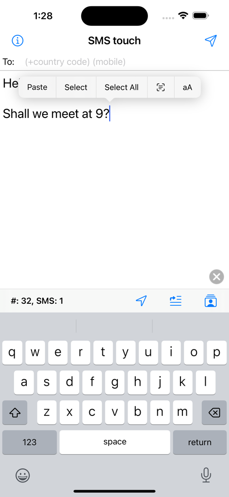 SMS touch - SMS touch mobile app message composition screen with keyboard
