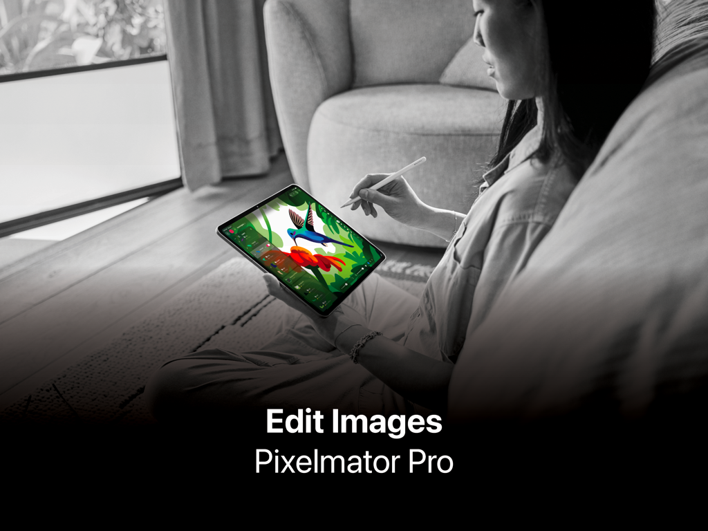 A woman using an Apple Pencil to edit a digital illustration in Pixelmator Pro on iPad